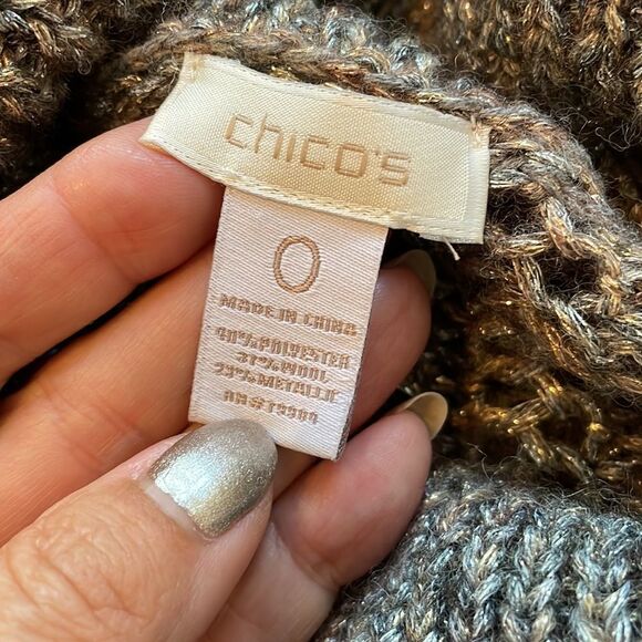 Chico’s gold & silver metallic cowl neck open weave long sleeved sweater - Picture 9 of 10